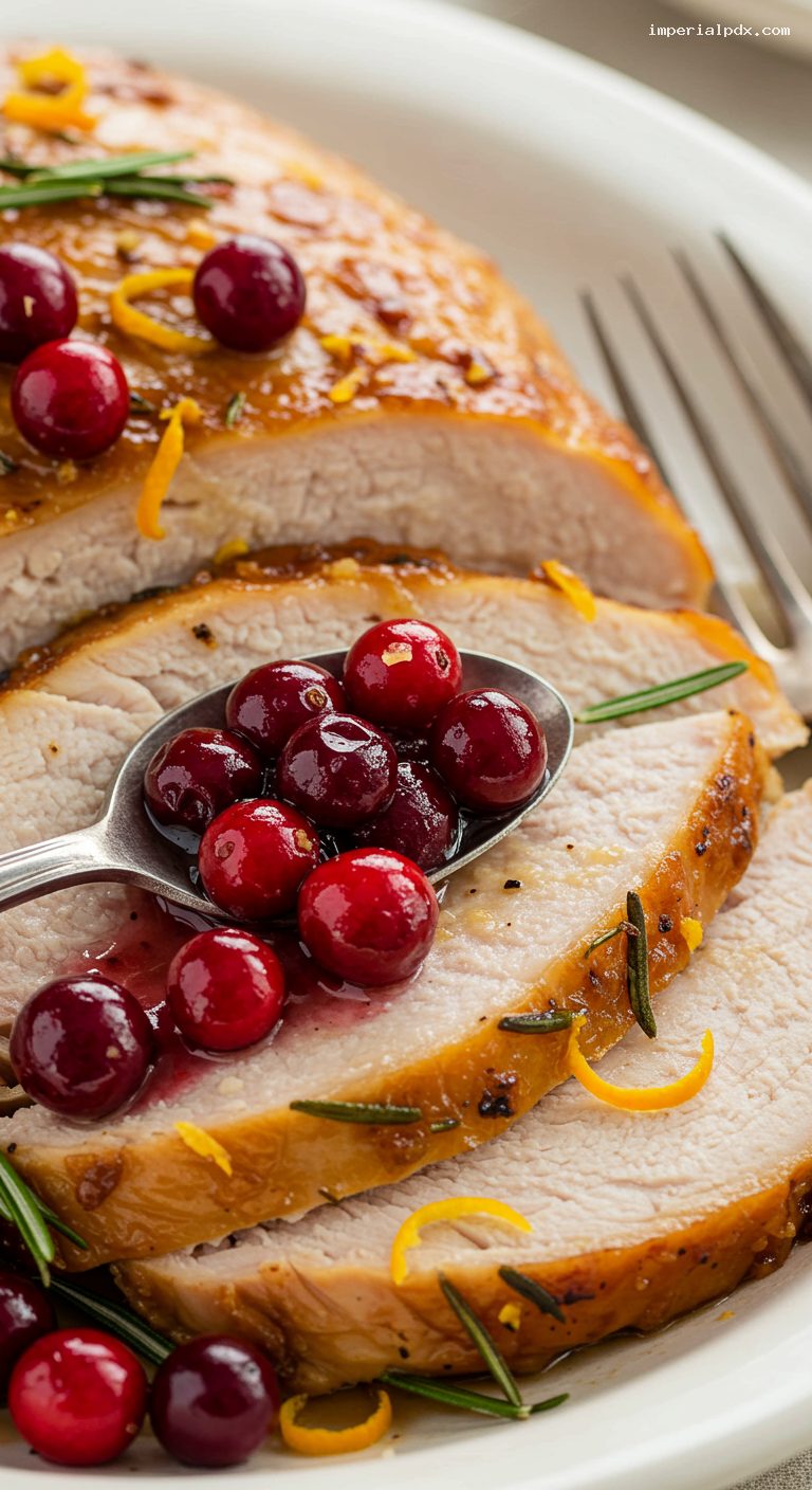 Orange-Rosemary Turkey Breast with Cranberry Pan Sauce – Closeup