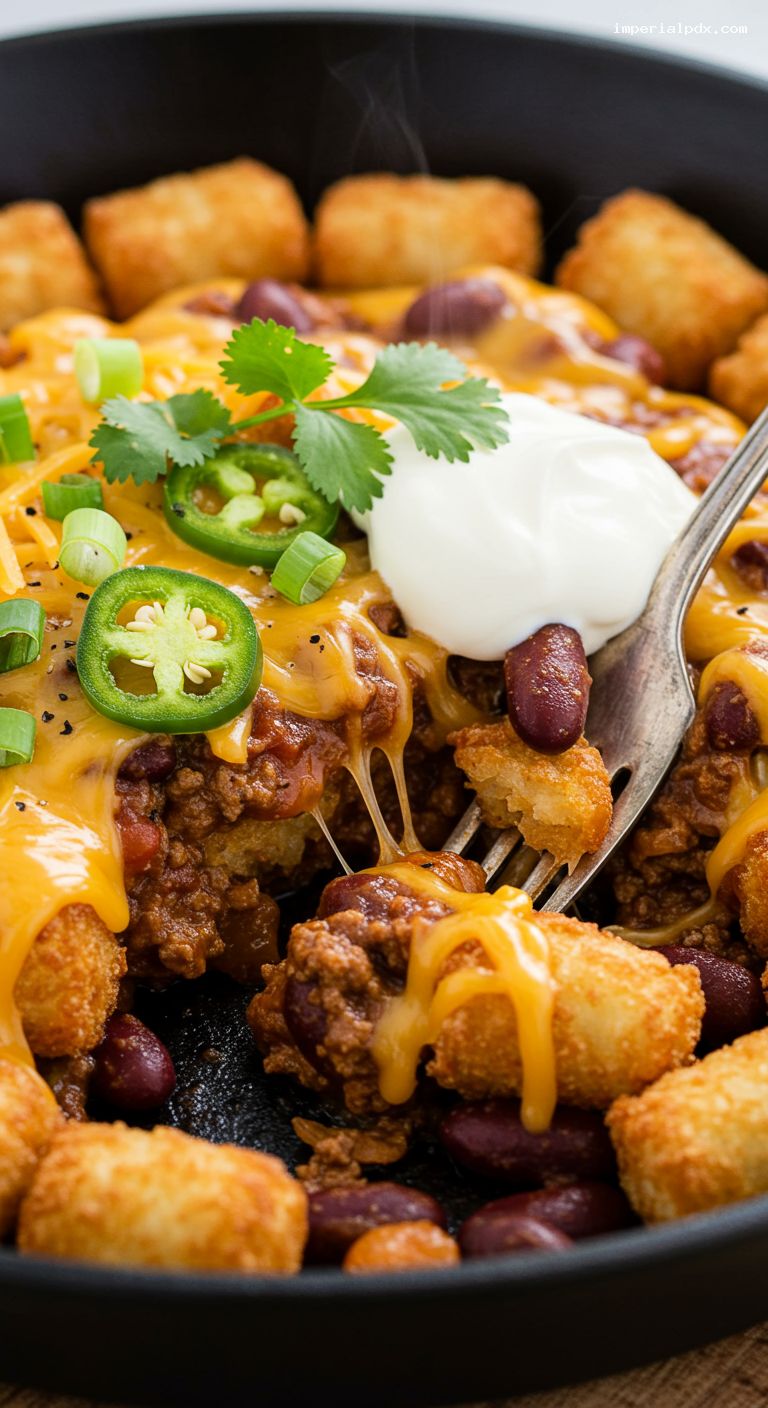 Oven-Crisped Chili Cheese Tots with Jalapeños – Closeup