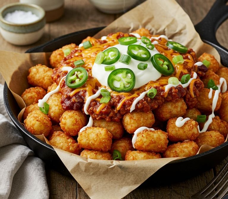 Oven-Crisped Chili Cheese Tots with Jalapeños