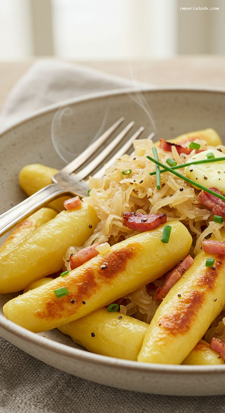Pan-Crisped Schupfnudeln with Buttery Sauerkraut and Speck – Closeup