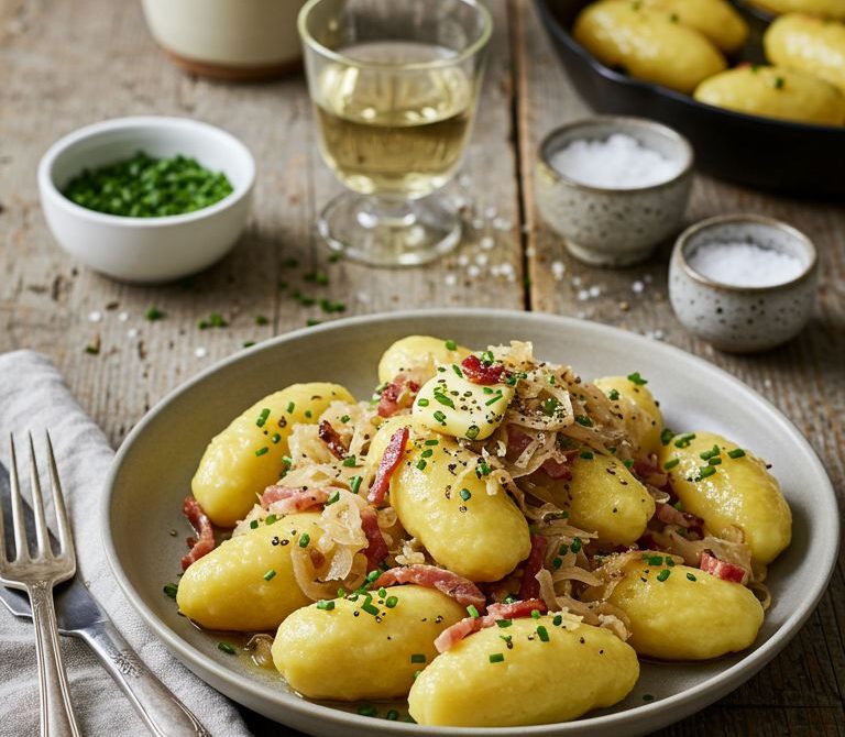 Pan-Crisped Schupfnudeln with Buttery Sauerkraut and Speck