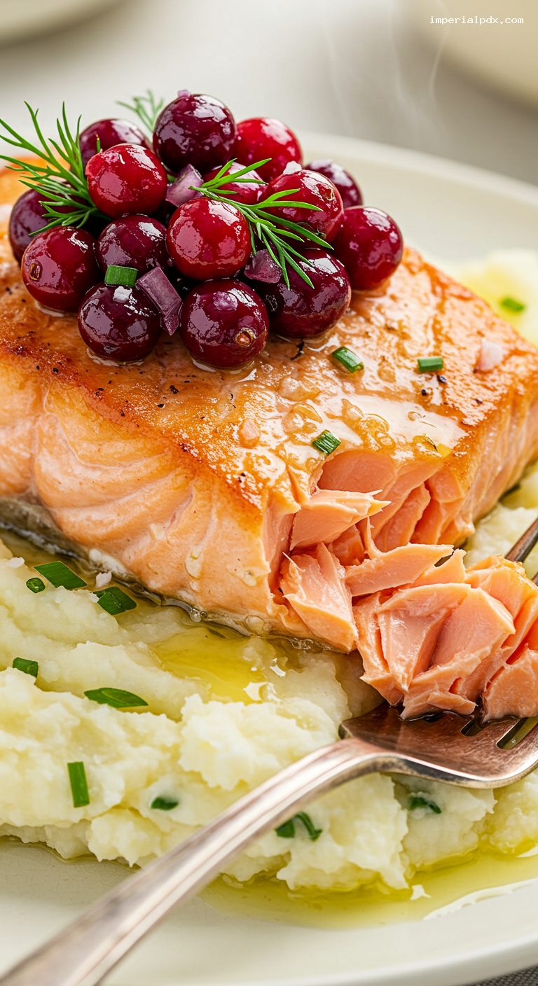 Pan-Seared Salmon with Cranberry-Dill Relish and Chive Mash – Closeup