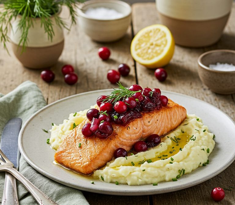 Pan-Seared Salmon with Cranberry-Dill Relish and Chive Mash