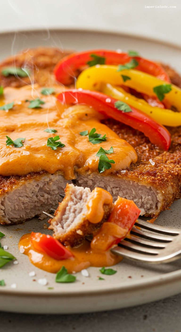 Paprika Rahmschnitzel with Creamy Bell Pepper Sauce – Closeup