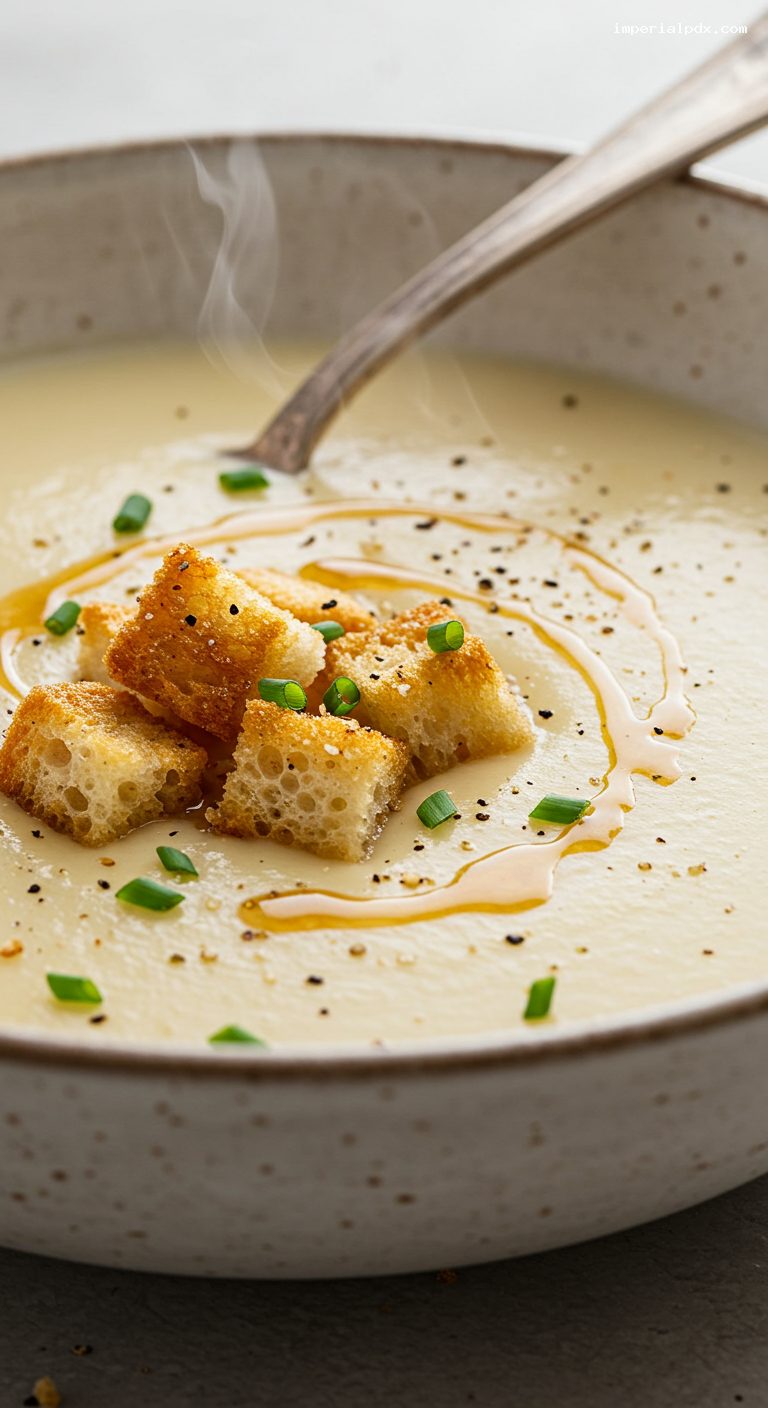 Parsnip-Pear Bisque with Brown-Butter Croutons – Closeup