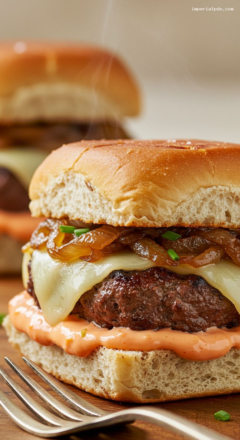 Patty Melt Sliders with Caramelized Onions and Swiss – Closeup
