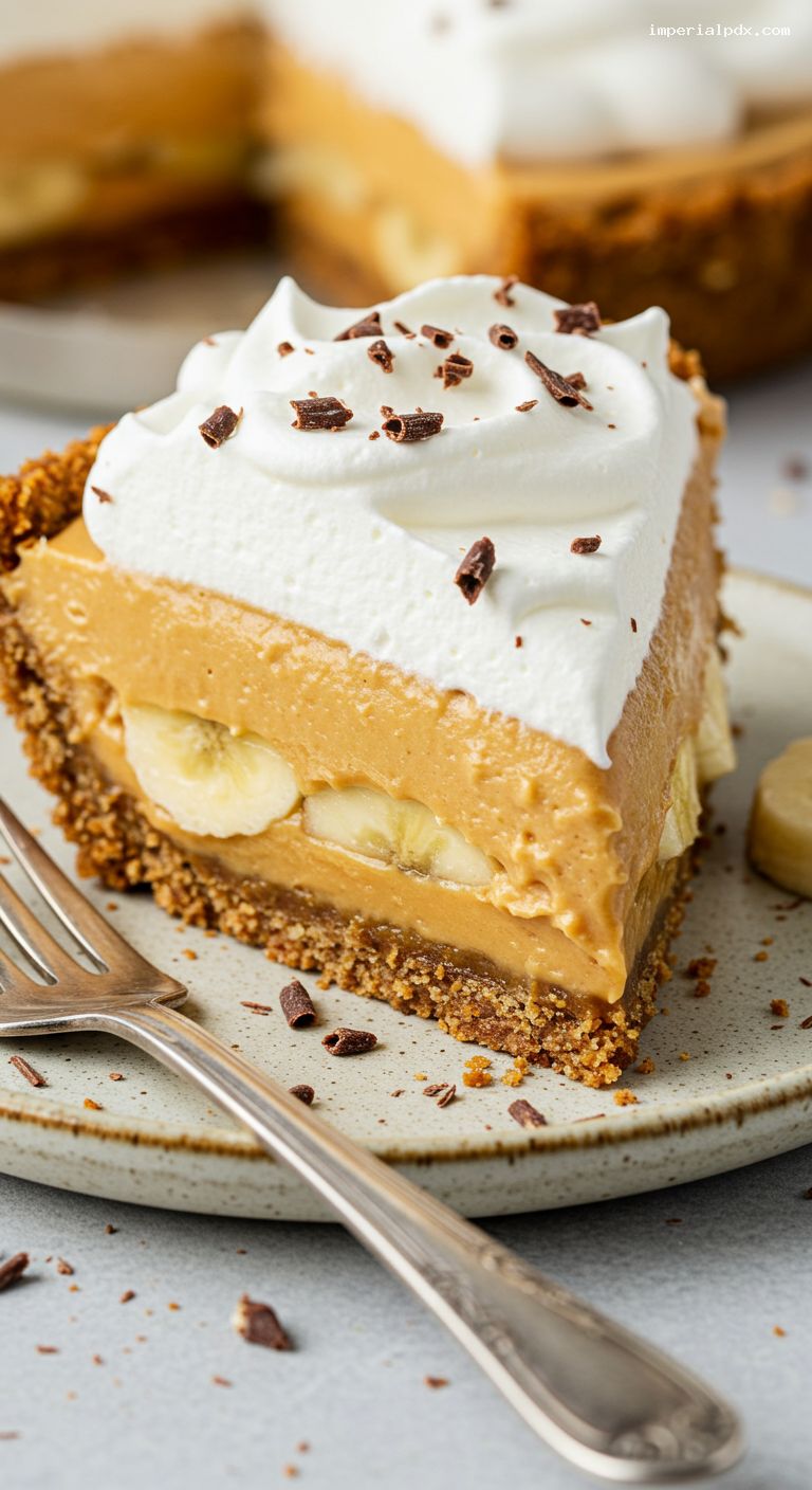 Peanut Butter Banana Cream Pie with Pretzel Crust – Closeup