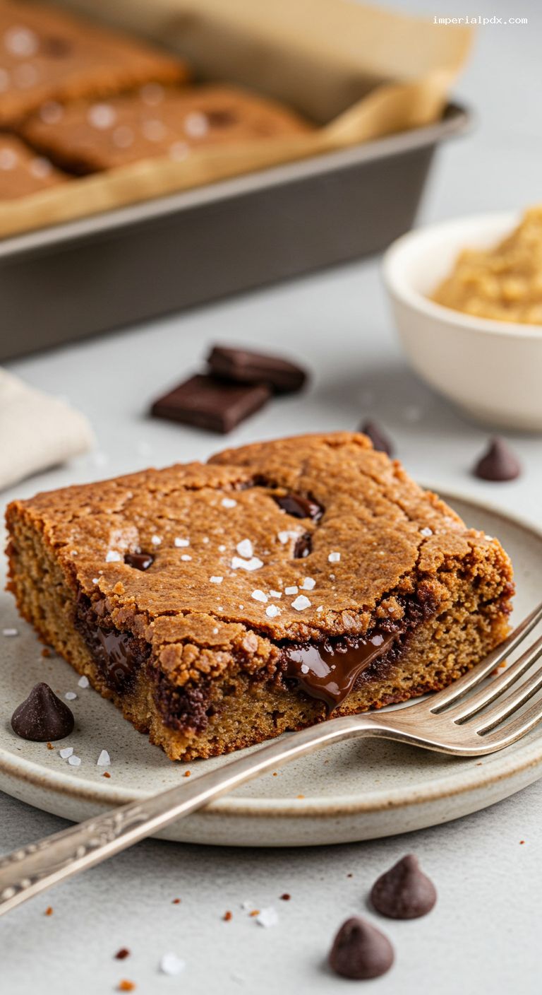 Peanut Butter Miso Blondies with Chocolate and Flaky Salt – Closeup