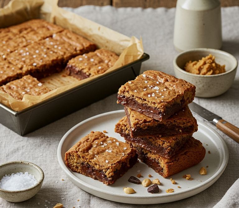 Peanut Butter Miso Blondies with Chocolate and Flaky Salt