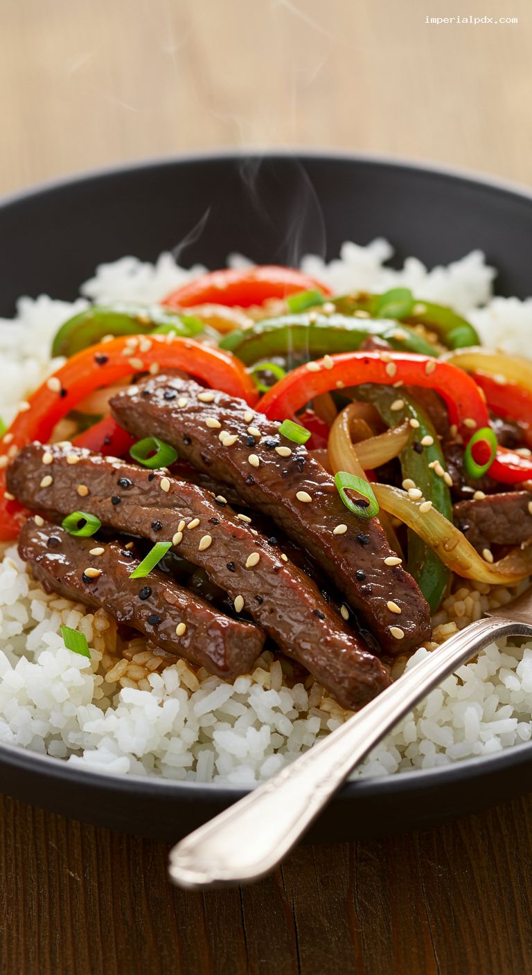 Pepper Steak Rice Bowls with Bell Peppers and Onions – Closeup