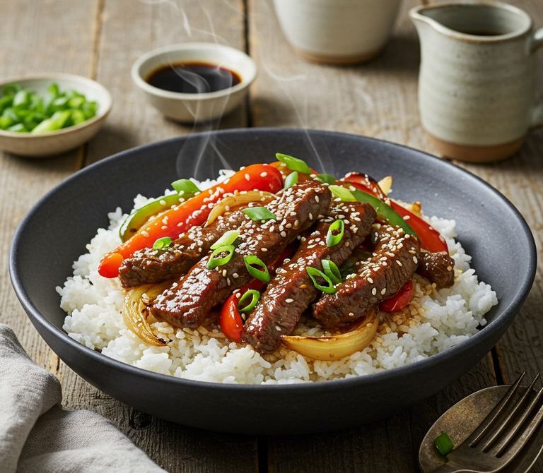 Pepper Steak Rice Bowls with Bell Peppers and Onions