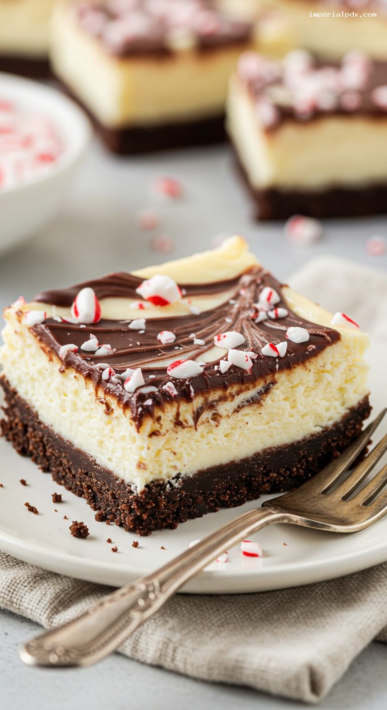 Peppermint Bark Swirl Cheesecake Bars with Chocolate Drizzle – Closeup