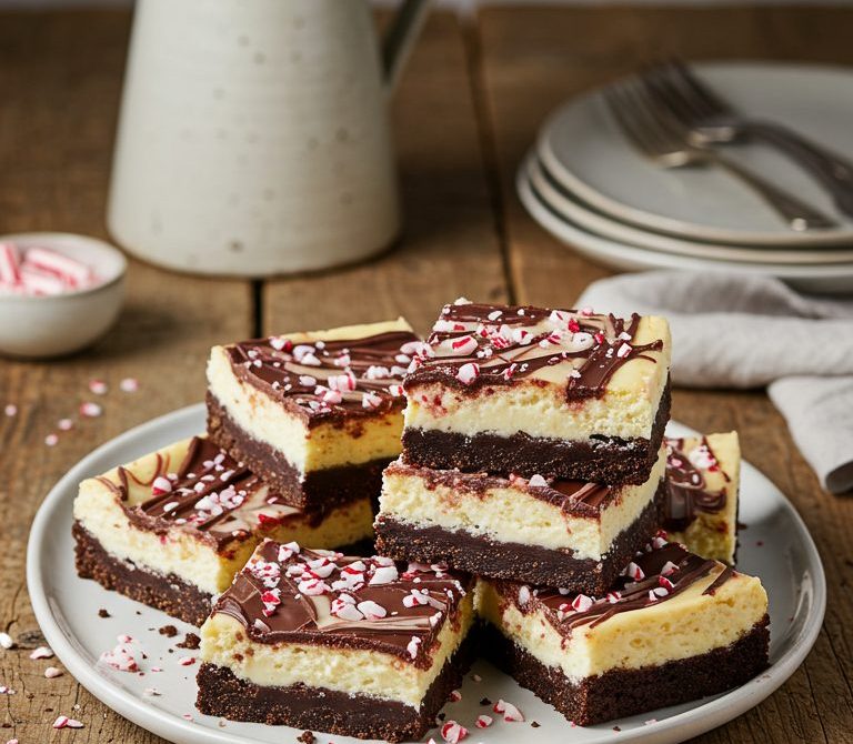 Peppermint Bark Swirl Cheesecake Bars with Chocolate Drizzle