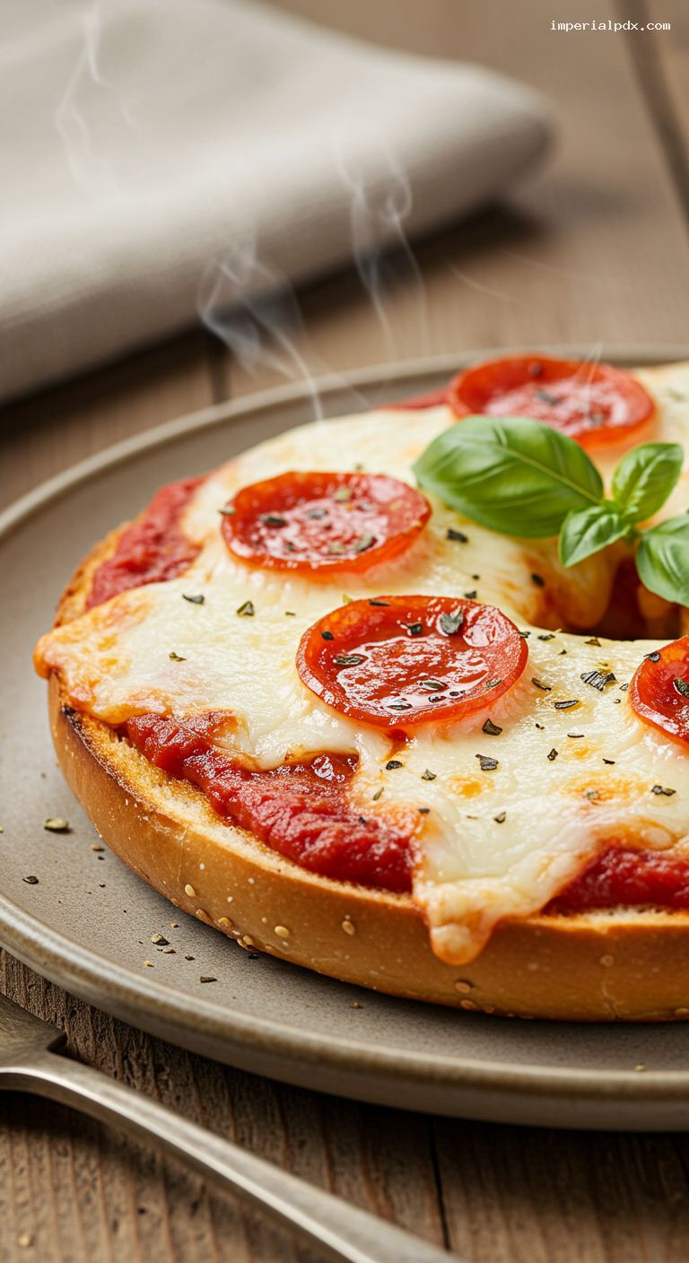 Pepperoni Pizza Bagels Under the Broiler – Closeup