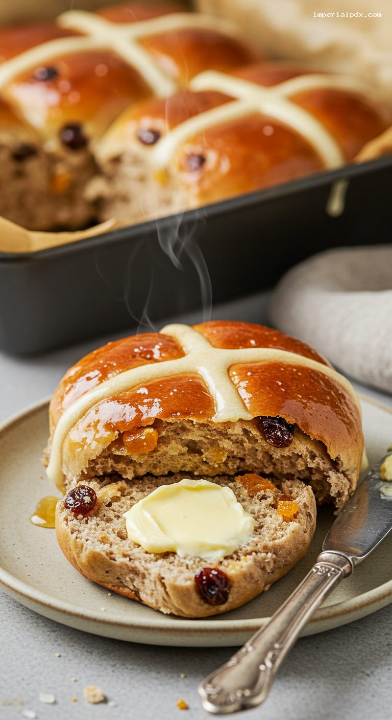 Pillowy Hot Cross Buns with Salted Butter – Closeup
