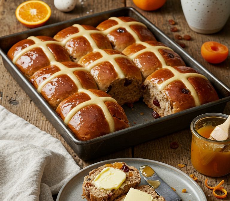 Pillowy Hot Cross Buns with Salted Butter