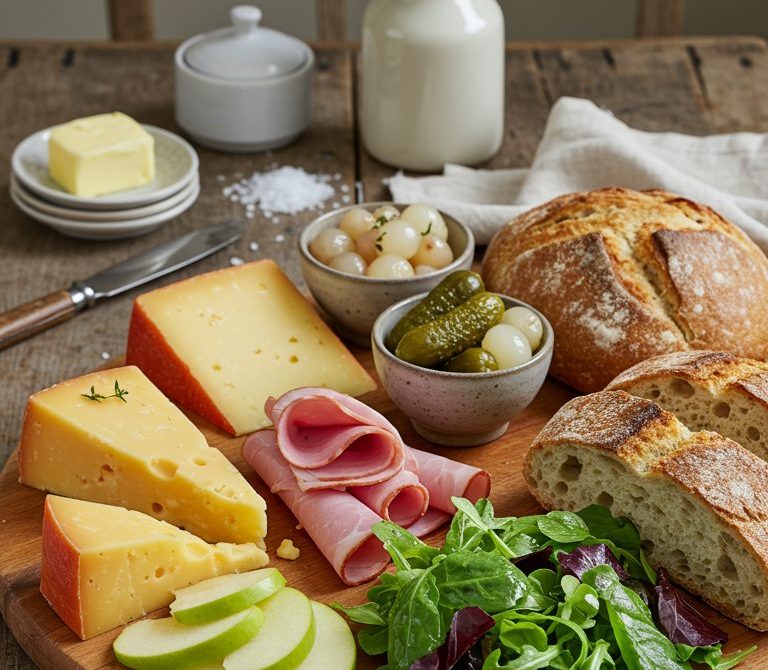 Ploughman’s Lunch Board with Cheddar, Ham, and Pickles