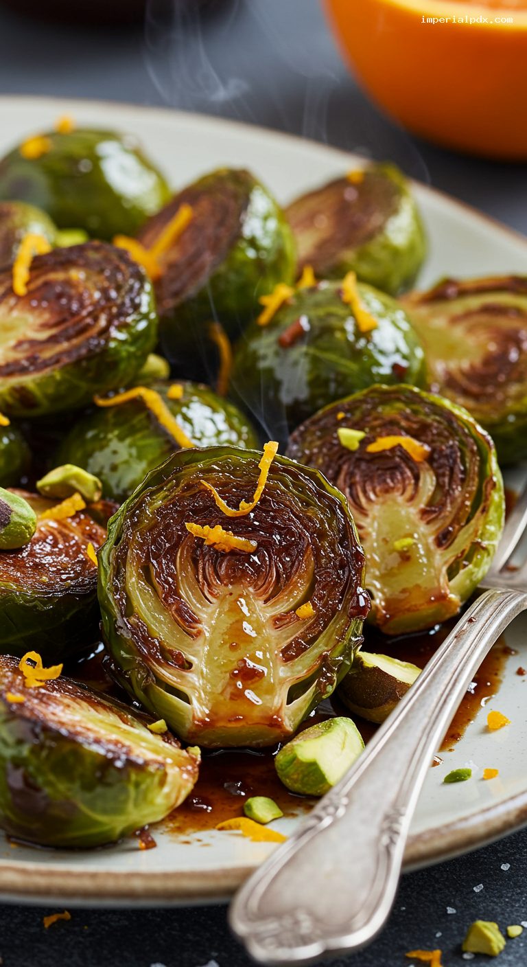 Pomegranate-Glazed Brussels Sprouts with Pistachios and Orange Zest – Closeup