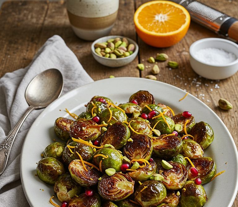 Pomegranate-Glazed Brussels Sprouts with Pistachios and Orange Zest