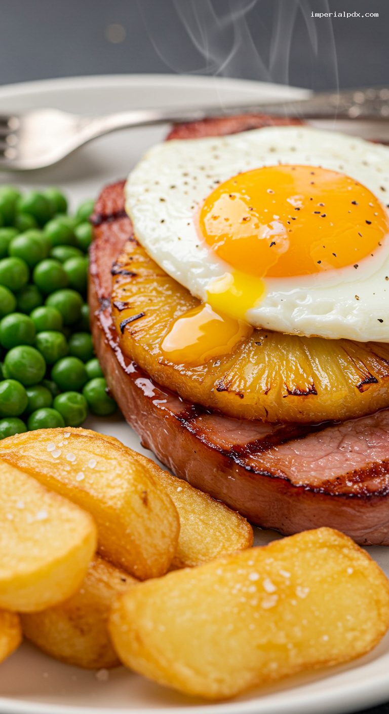 Pub-Style Gammon Steak with Pineapple and Fried Egg – Closeup