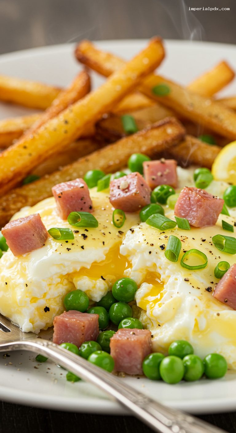 Revuelto Gramajo with Shoestring Fries, Ham, and Peas – Closeup