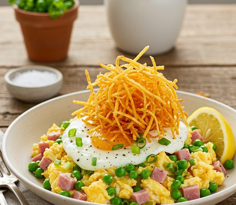 Revuelto Gramajo with Shoestring Fries, Ham, and Peas