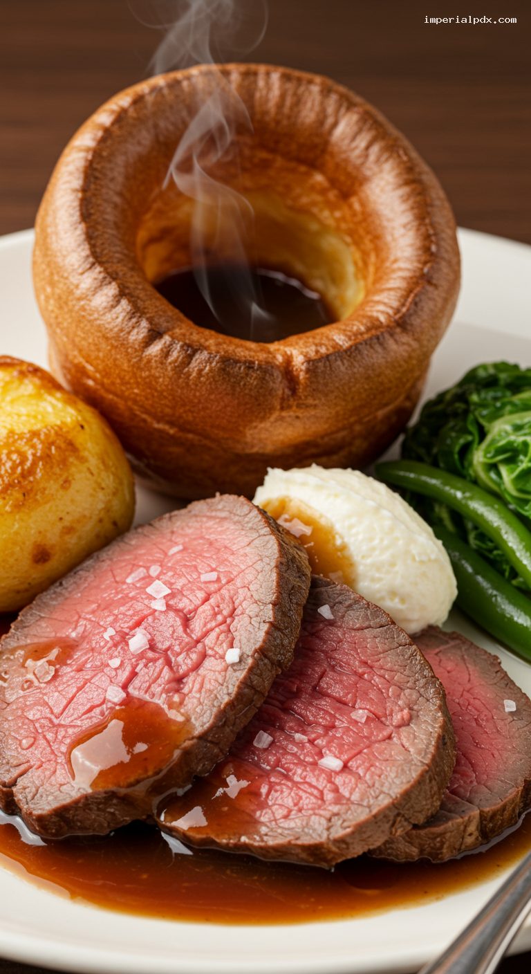Roast Beef with Yorkshire Puddings and Red Onion Gravy – Closeup