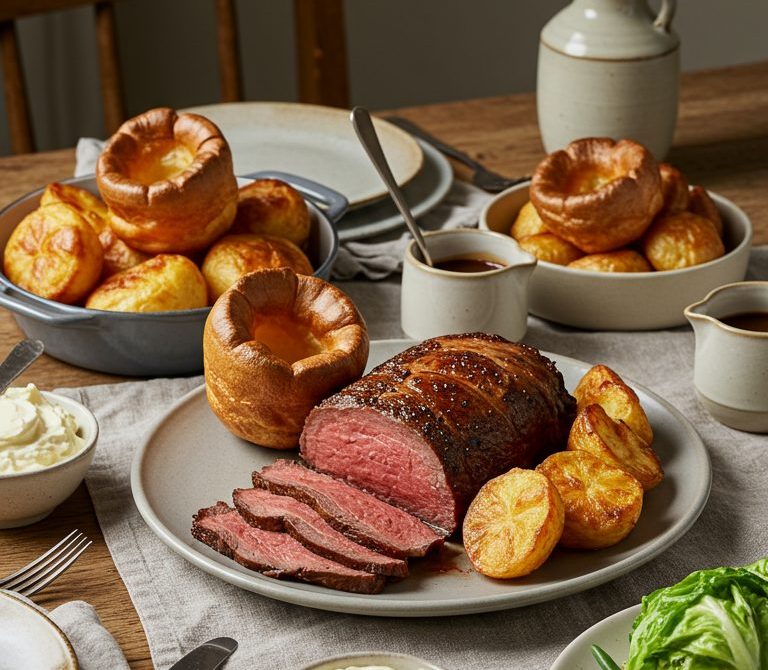Roast Beef with Yorkshire Puddings and Red Onion Gravy