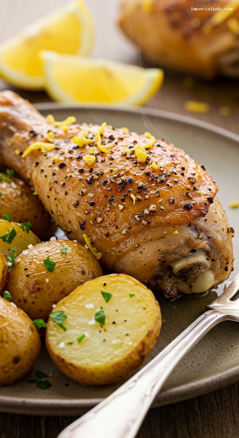 Roasted Lemon-Pepper Chicken Drumsticks with Potatoes – Closeup