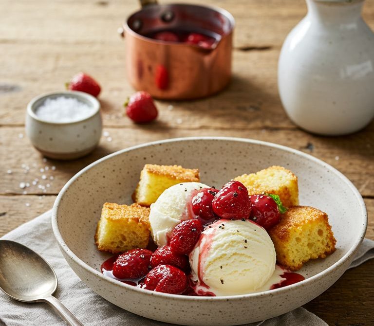 Roasted Strawberry Balsamic Sundae with Buttered Pound Cake