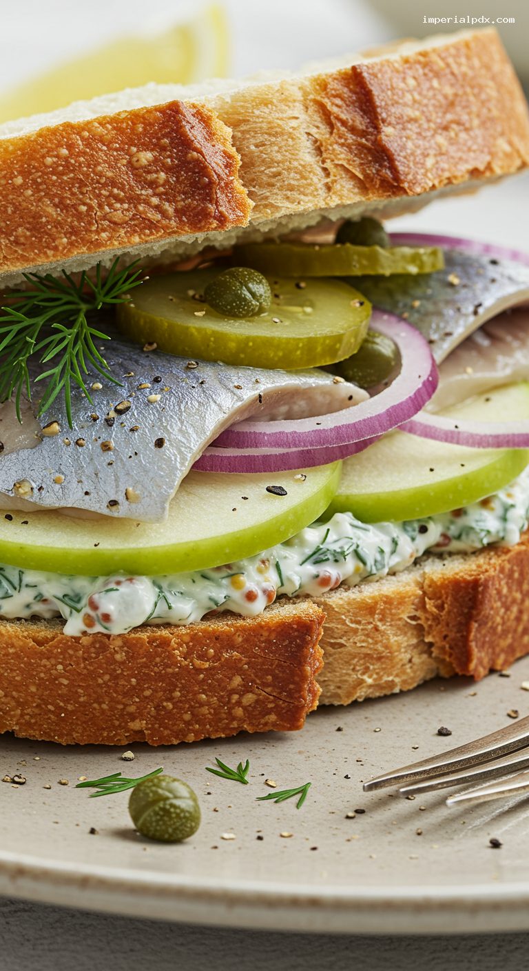 Rollmops Brötchen with Pickled Herring and Dill – Closeup