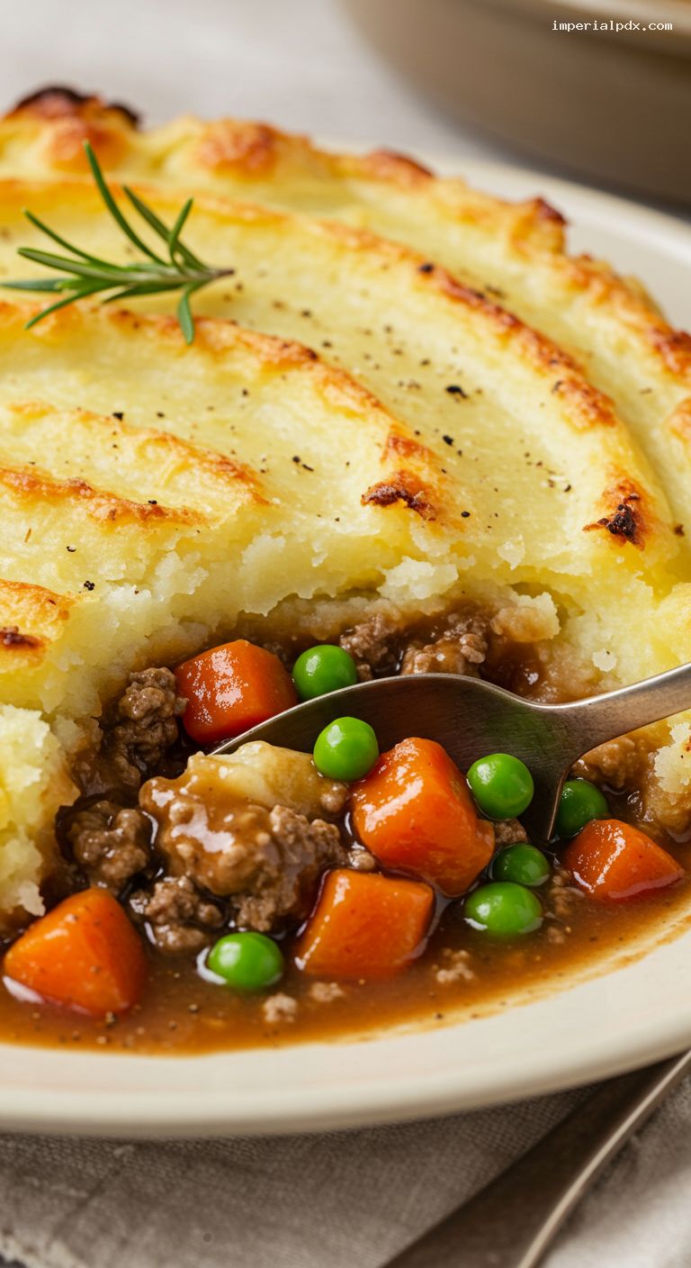 Rosemary Lamb Shepherd’s Pie with Peas and Carrots – Closeup