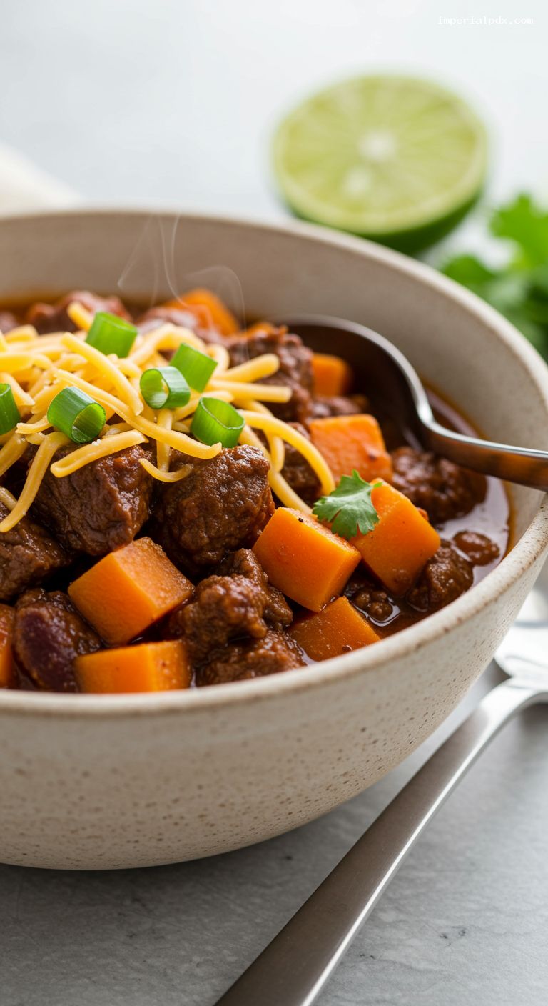 Rustic Beef and Sweet Potato Chili with Chipotle and Lime – Closeup