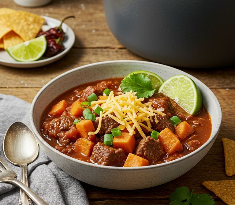 Rustic Beef and Sweet Potato Chili with Chipotle and Lime