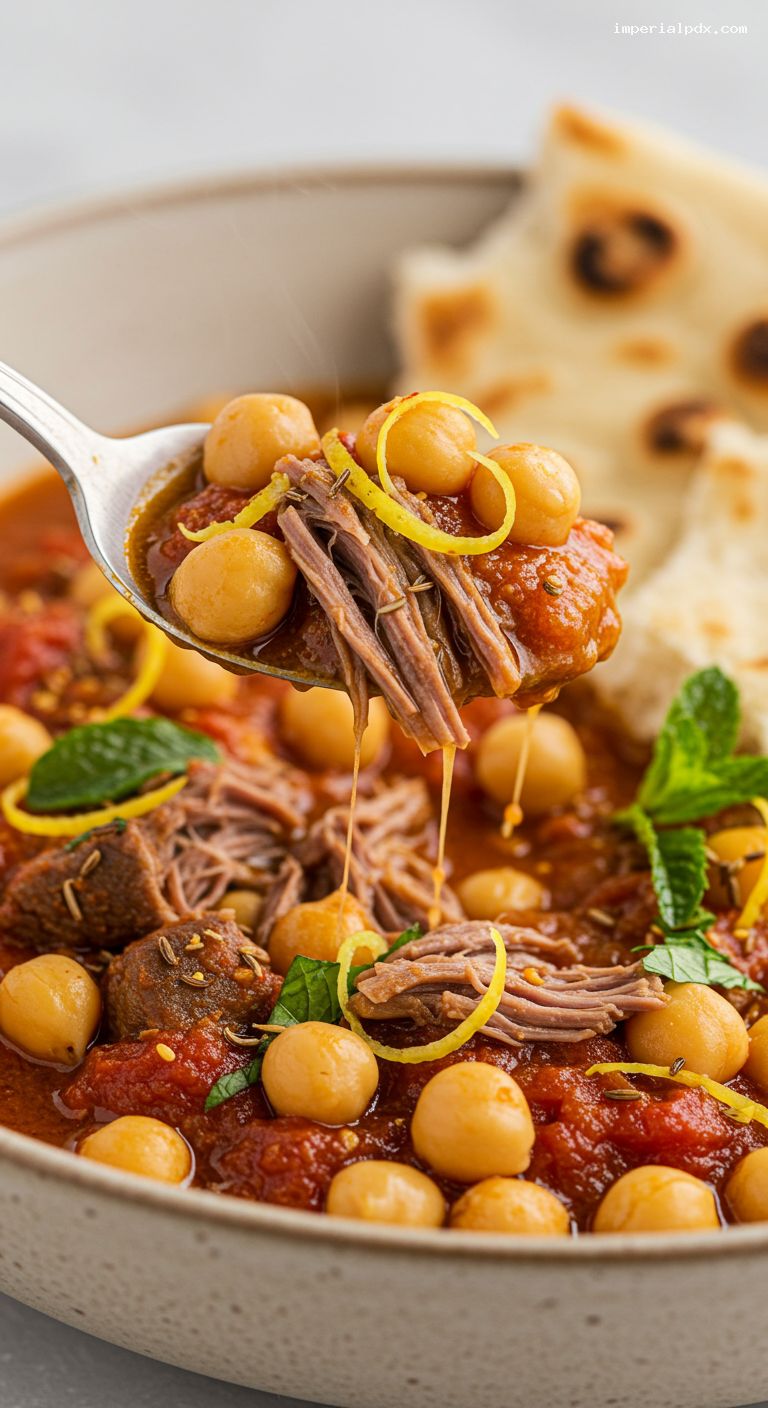 Rustic Lamb and Chickpea Stew with Lemon and Mint – Closeup