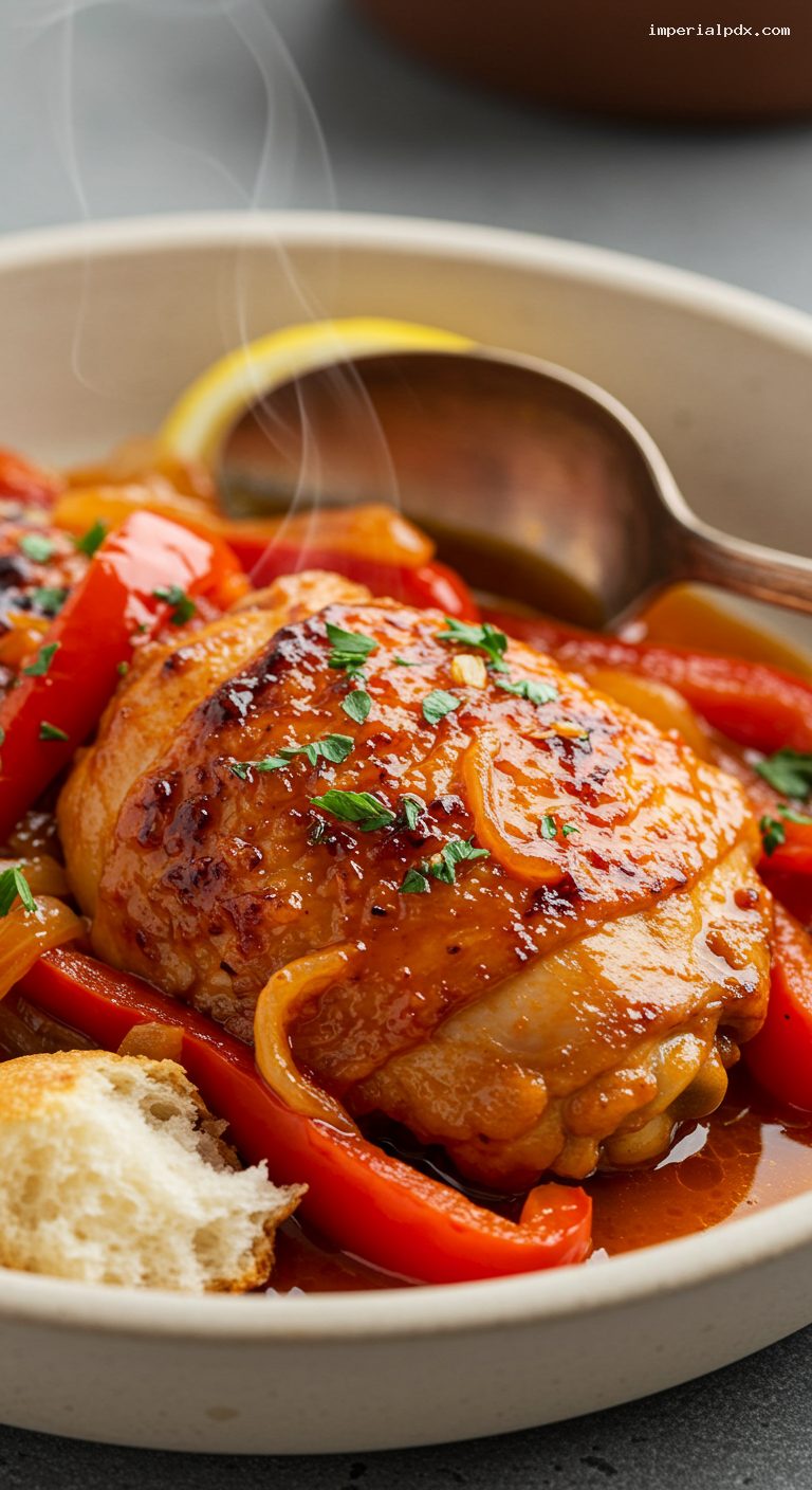 Rustic Pollo al Disco with White Wine and Paprika – Closeup