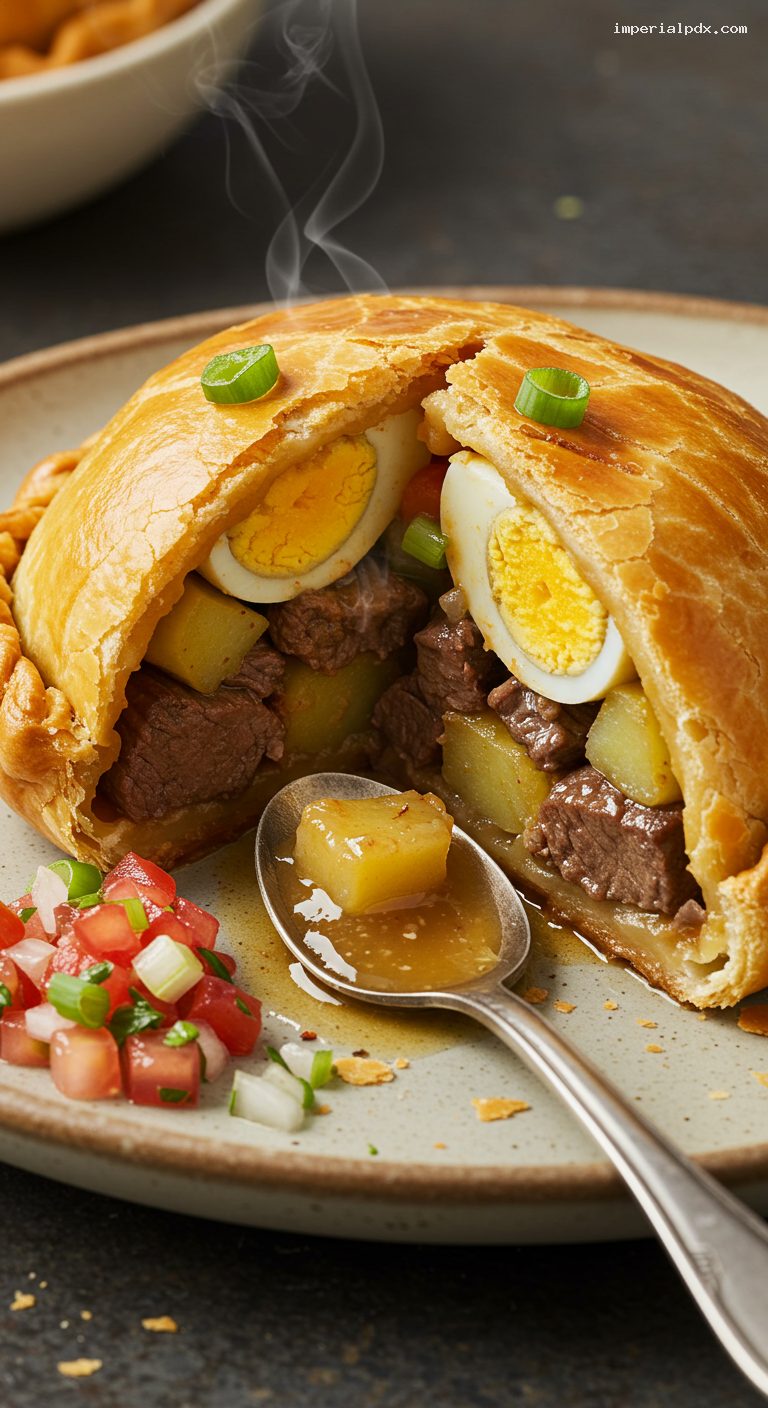 Salteña Empanadas with Juicy Spiced Beef and Salsa Criolla – Closeup