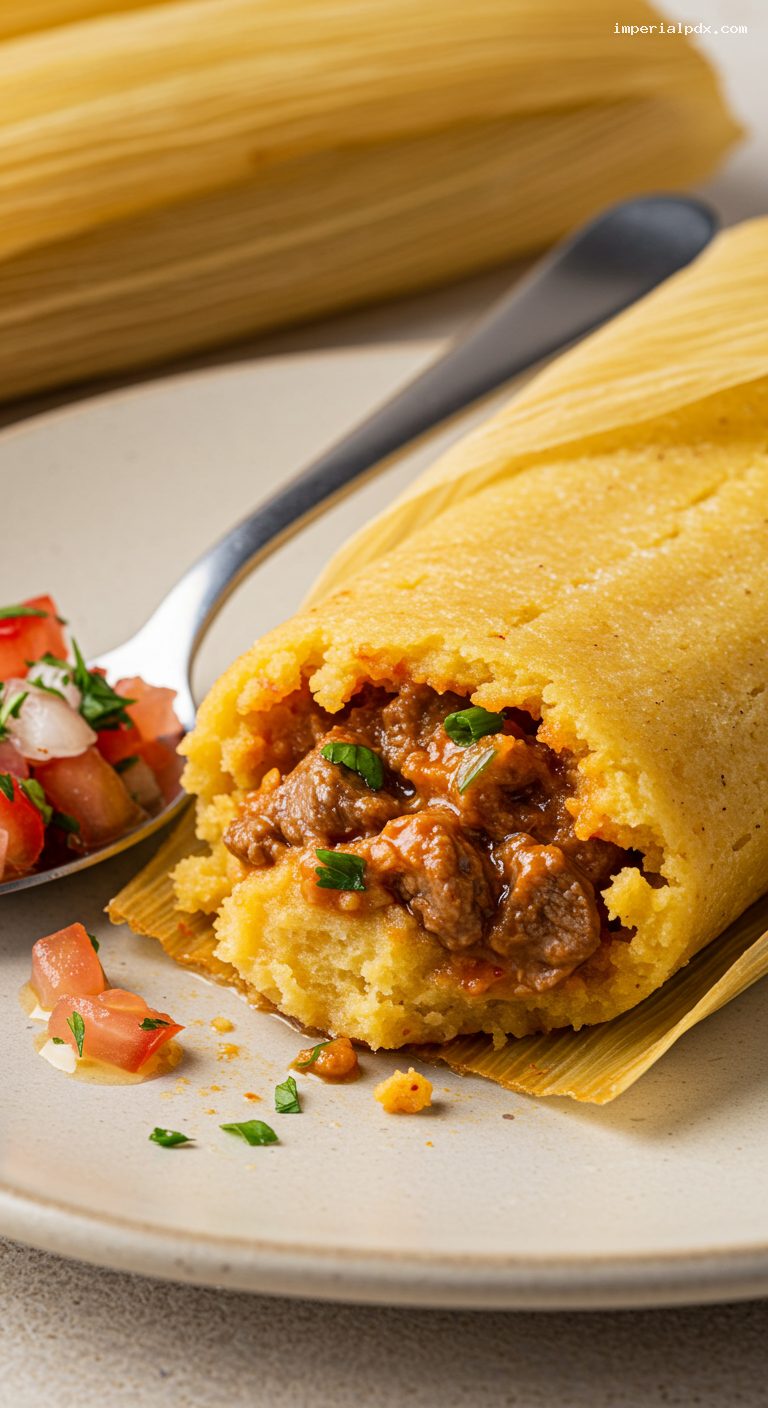 Salteño Tamales with Juicy Beef or Pork and Salsa Criolla – Closeup