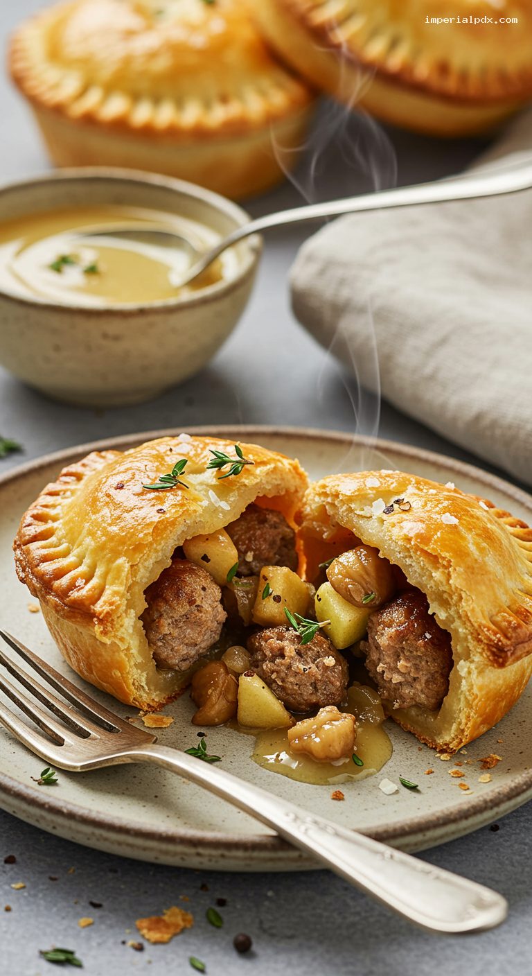 Sausage, Apple & Chestnut Hand Pies with Dijon-Honey Dip – Closeup