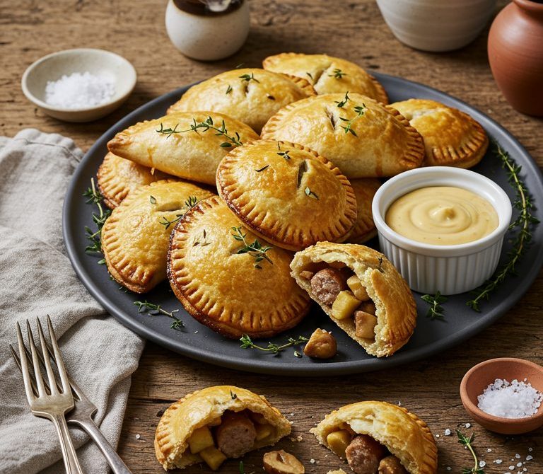 Sausage, Apple & Chestnut Hand Pies with Dijon-Honey Dip