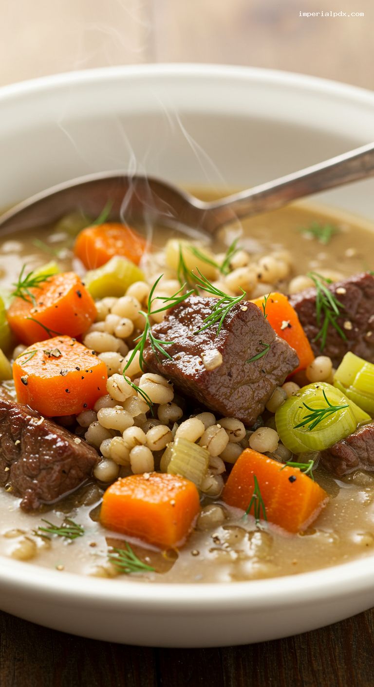 Savory Beef and Barley Stew with Dill – Closeup