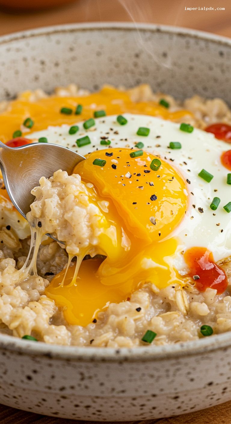 Savory Midnight Oats with Cheddar and Soft Egg – Closeup