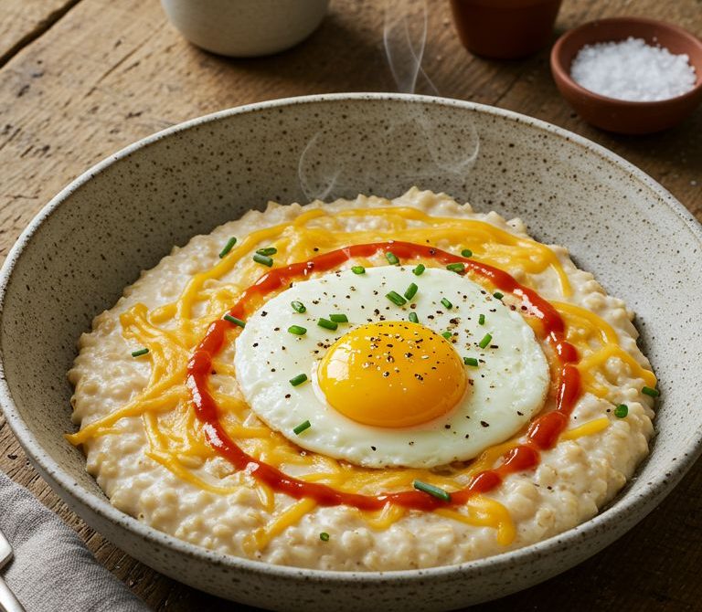 Savory Midnight Oats with Cheddar and Soft Egg