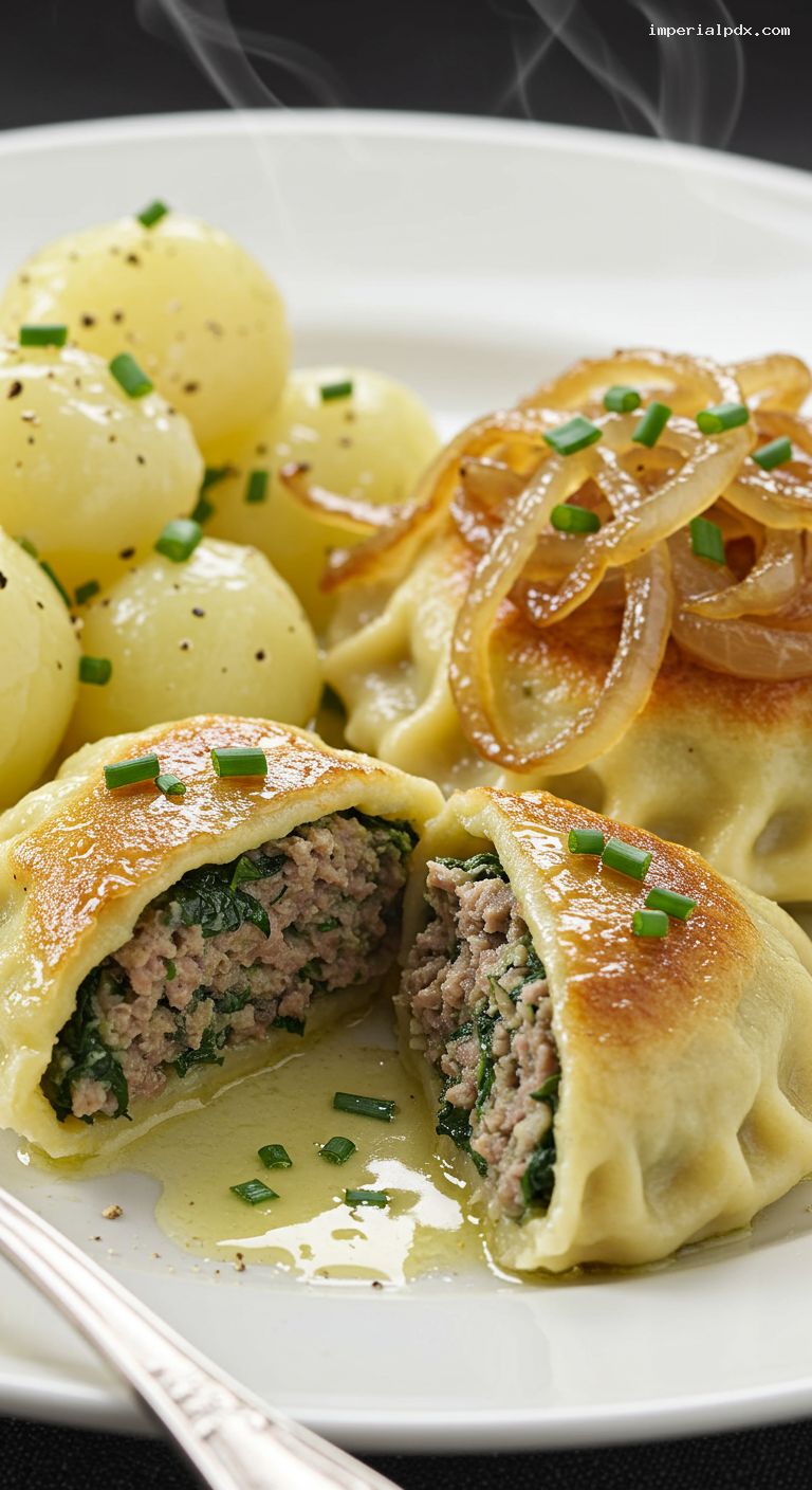 Schwäbische Maultaschen with Brown Butter Onions and Potato Salad – Closeup
