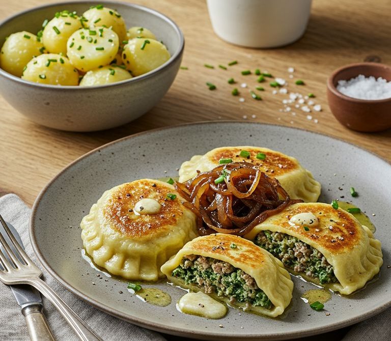 Schwäbische Maultaschen with Brown Butter Onions and Potato Salad