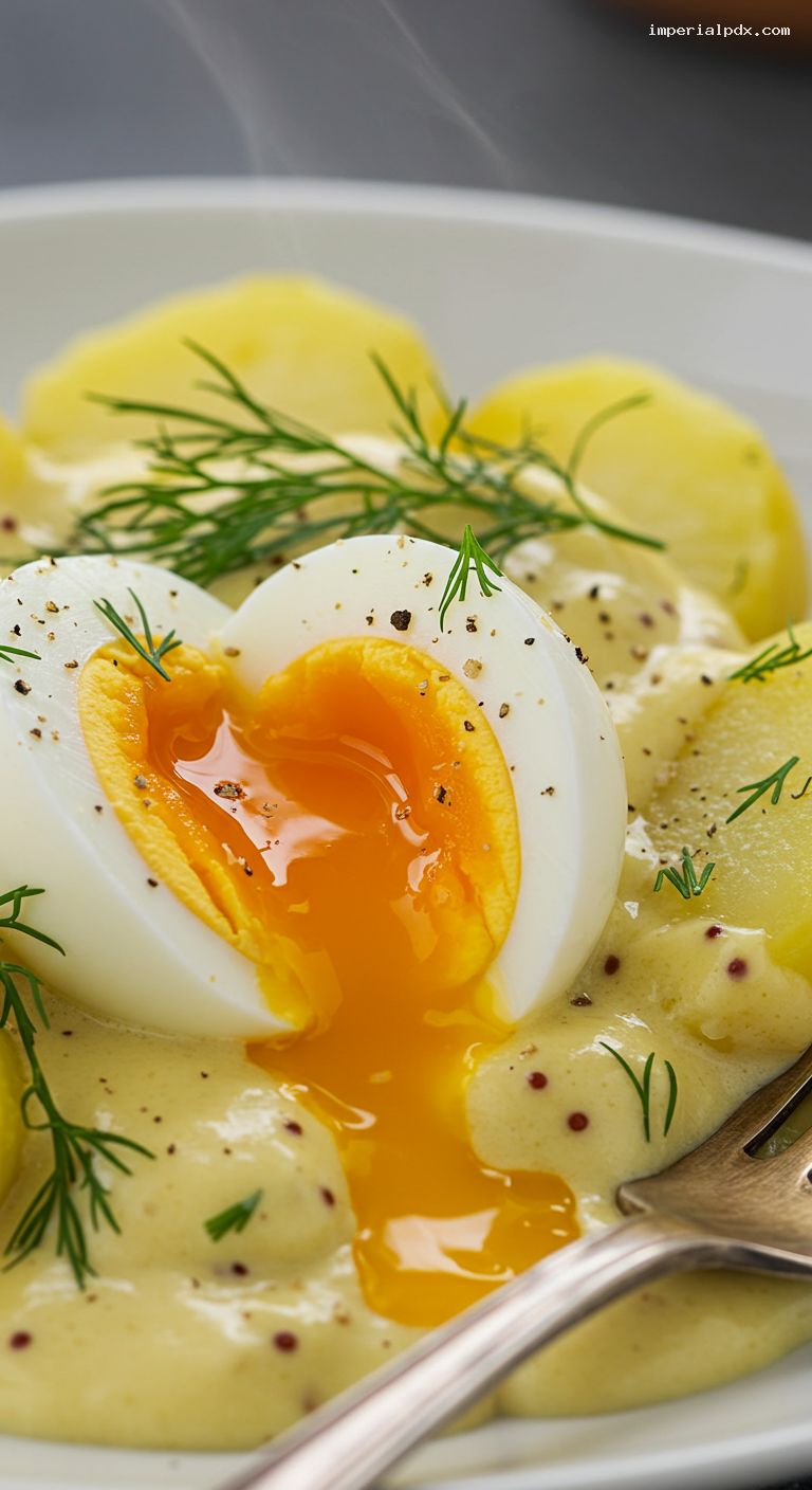 Senfeier: German Mustard Eggs with Potatoes and Dill – Closeup