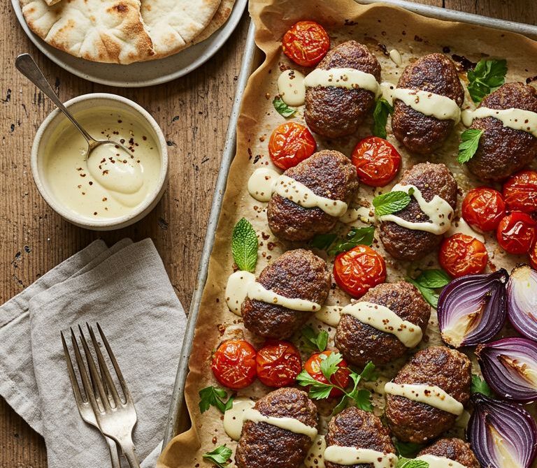 Sheet-Pan Lamb Kofta with Tahini and Herbs