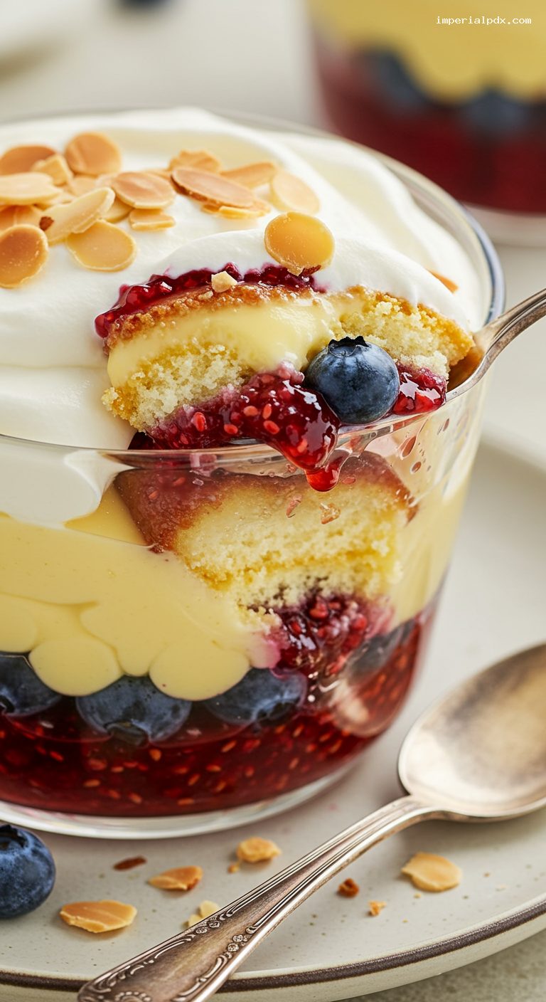 Sherry Trifle with Sponge, Custard, and Almonds – Closeup