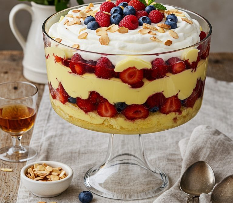 Sherry Trifle with Sponge, Custard, and Almonds