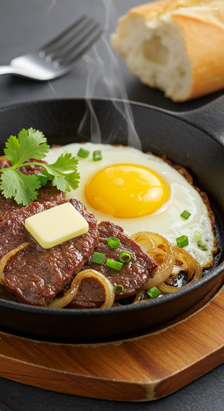 Sizzling Bo Ne Breakfast with Steak and Eggs – Closeup